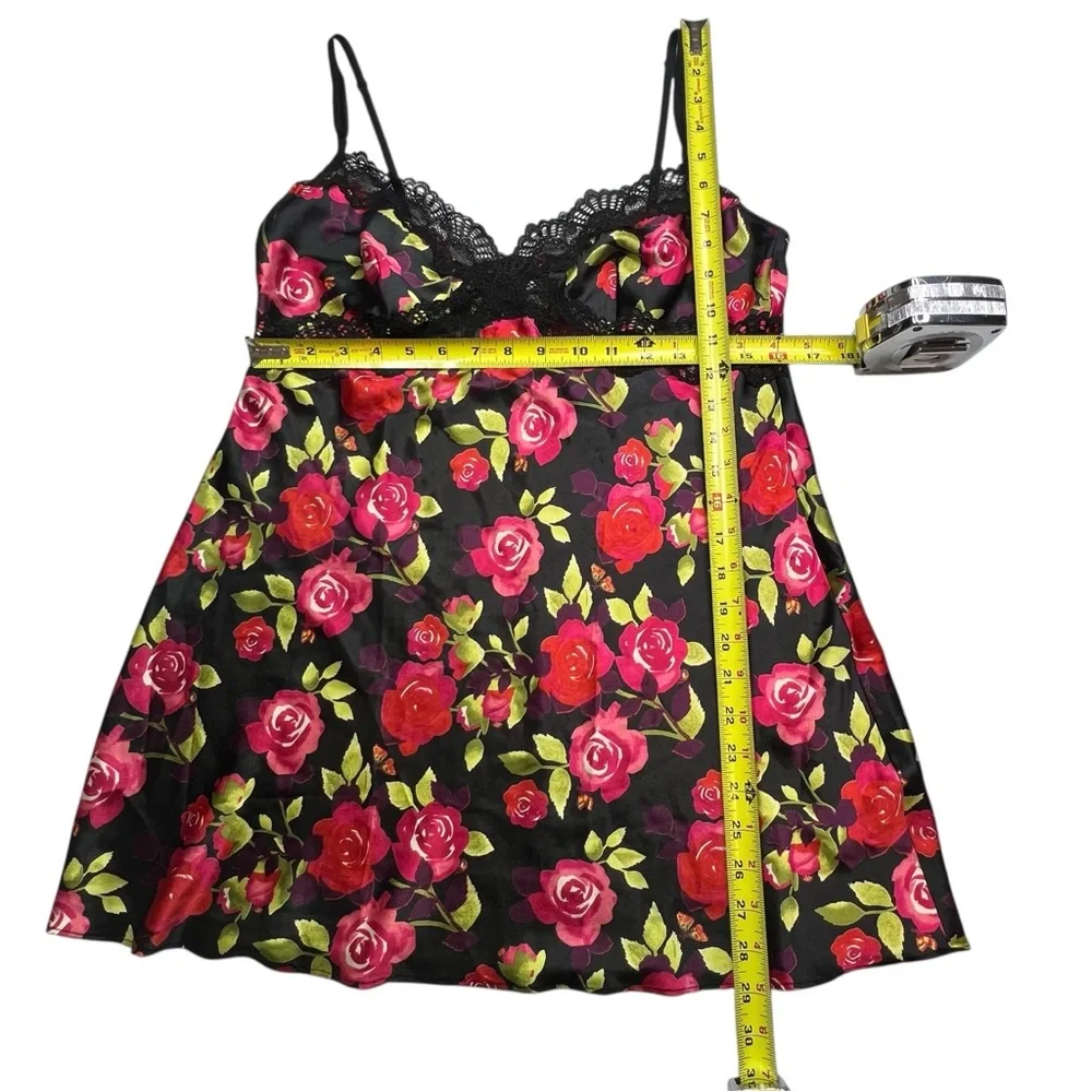 Victoria's Secret Satin Babydoll Chemises Slip Dress L Black Red Roses Lace